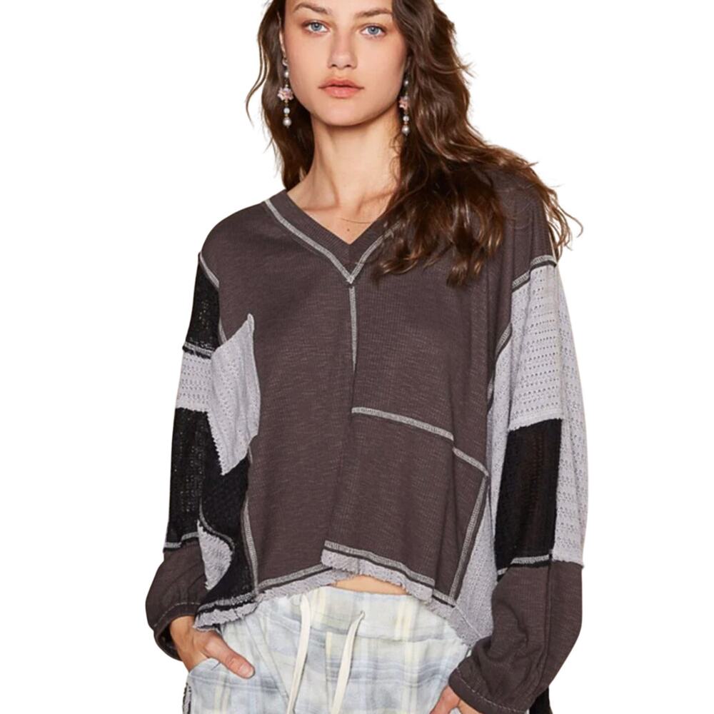 POL Patchwork Thermal Top Small Oversized Cropped Raw Hem Colorblock Boho